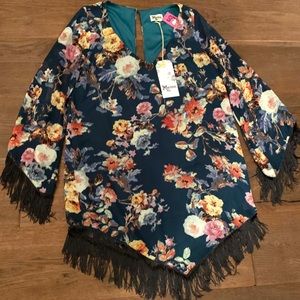 Show Me Your MuMu Floral Mini Dress with Fringe